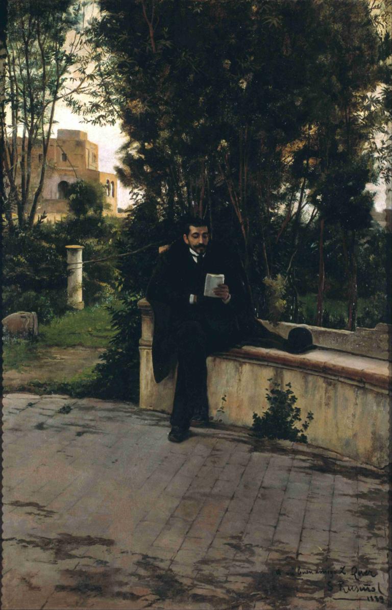 Senyor Quer In The Garden,Senyor Quer di Taman,Santiago Rusiñol,Lukisan cat minyak,Lukisan cat minyak