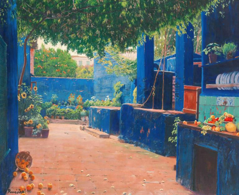 The Blue Courtyard, Arenys,Halaman Biru, Arenys,Santiago Rusiñol,Lukisan cat minyak,Lukisan cat minyak