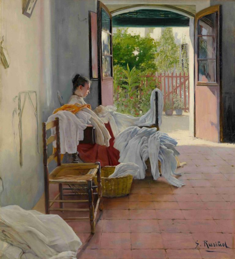 The seamstress, Sitges,Penjahit, Sitges,Santiago Rusiñol,Lukisan cat minyak,Lukisan cat minyak