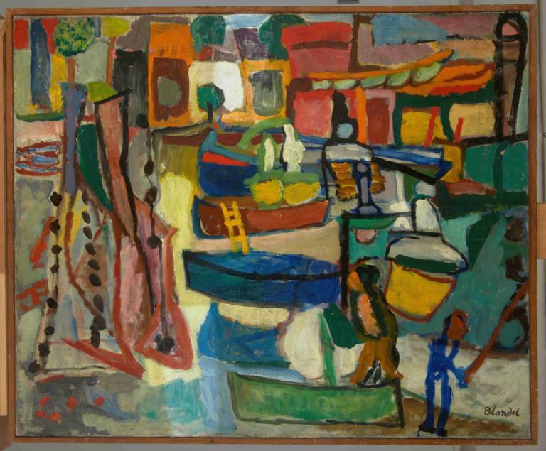 Boats at Collioure,Sasza Blonder,Oil Painting,Oil Painting, traditional media, signature, bottle, standing