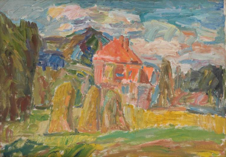 Landscape with a Red House,Paysage avec une maison rouge,Sasza Blonder,Sasha Blonder,Peinture à l'huile