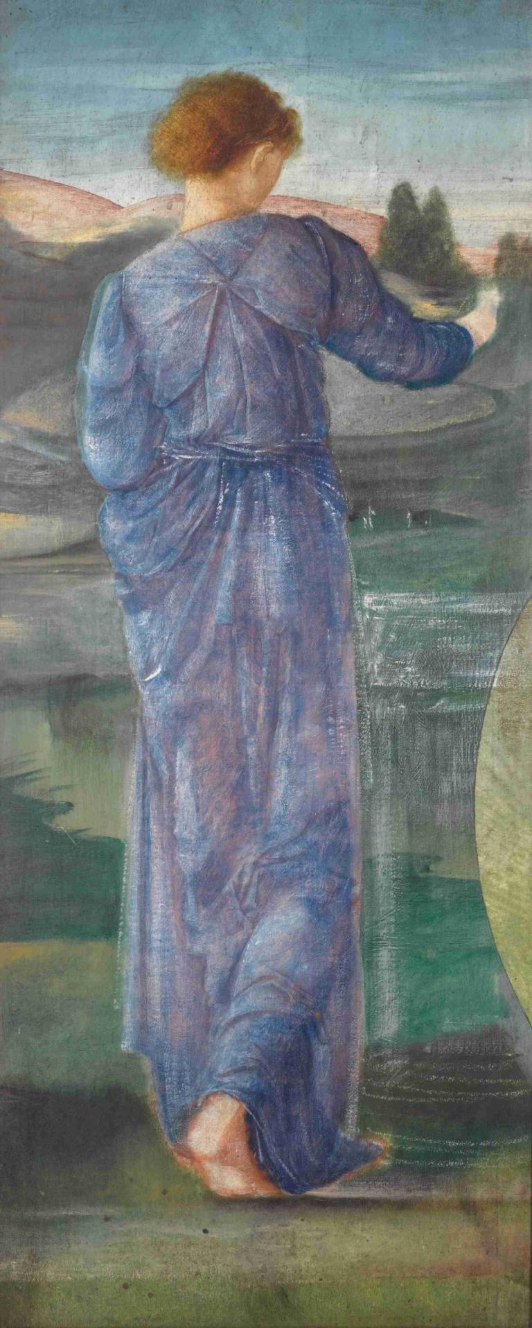 A Female Figure In A Landscape,Sir Edward Coley Burne-Jones,Illustration,Illustration, 1boy, male focus, solo