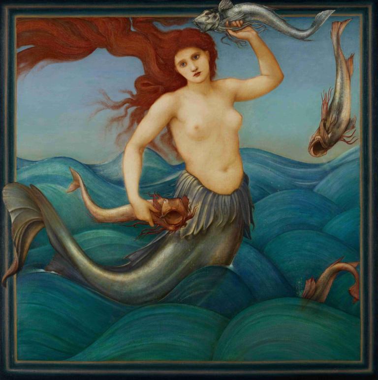 A Sea-Nymph,Sir Edward Coley Burne-Jones,Illustration,Illustration, 1girl, nipples, mermaid, long hair