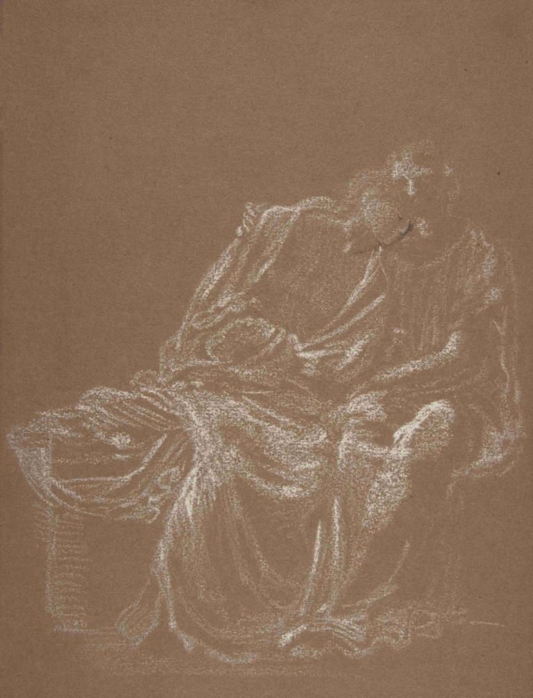 A Seated Couple, Embracing,Sir Edward Coley Burne-Jones,Illustration,Illustration, monochrome, solo, monster