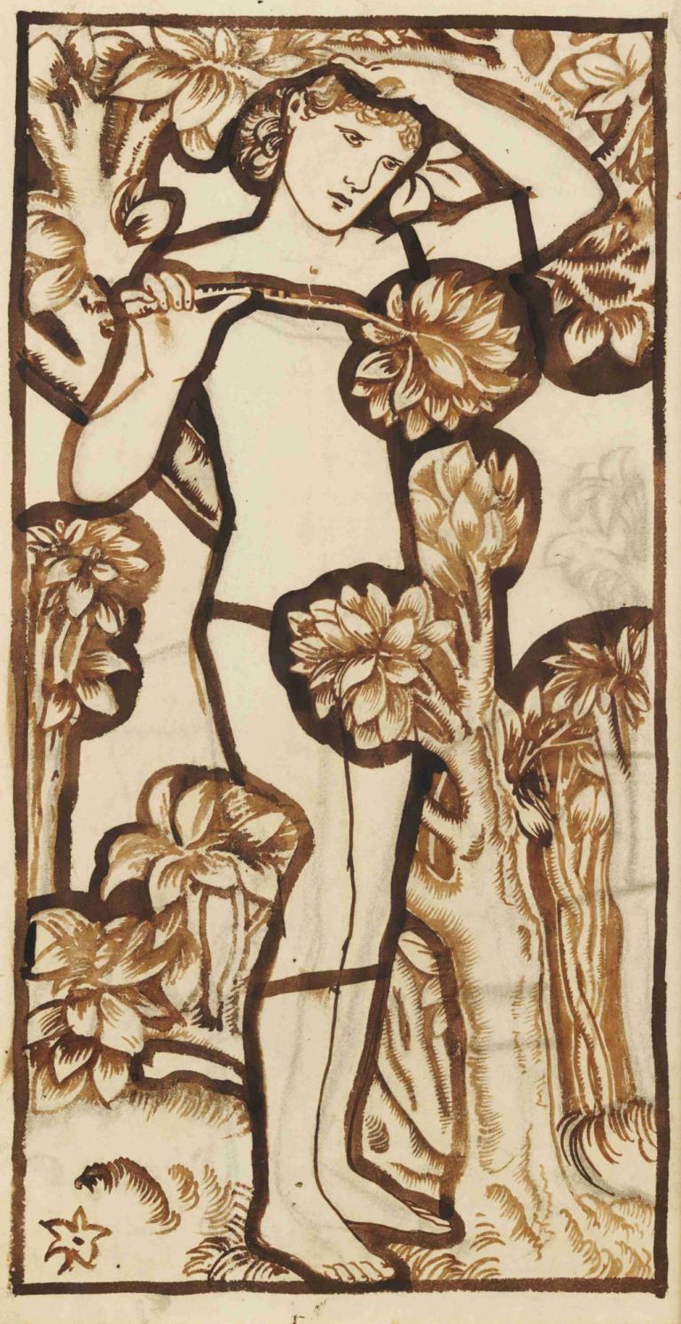 Adam,Sir Edward Coley Burne-Jones,Illustration,Illustration, 1girl, solo, monochrome, nude, flower