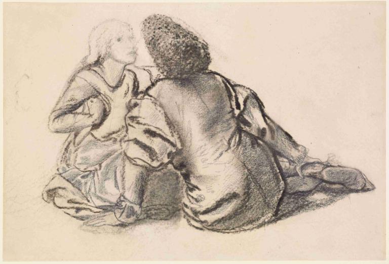 An Idyll - Study,Sir Edward Coley Burne-Jones,Sketch,Sketch, sitting, monochrome, 1girl, 1boy