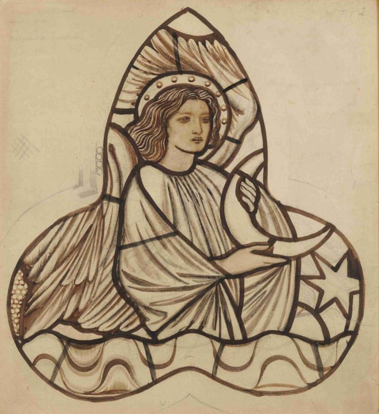 Angel Holding the Moon,Sir Edward Coley Burne-Jones,Illustration,Illustration, 1girl, solo, wings, brown hair