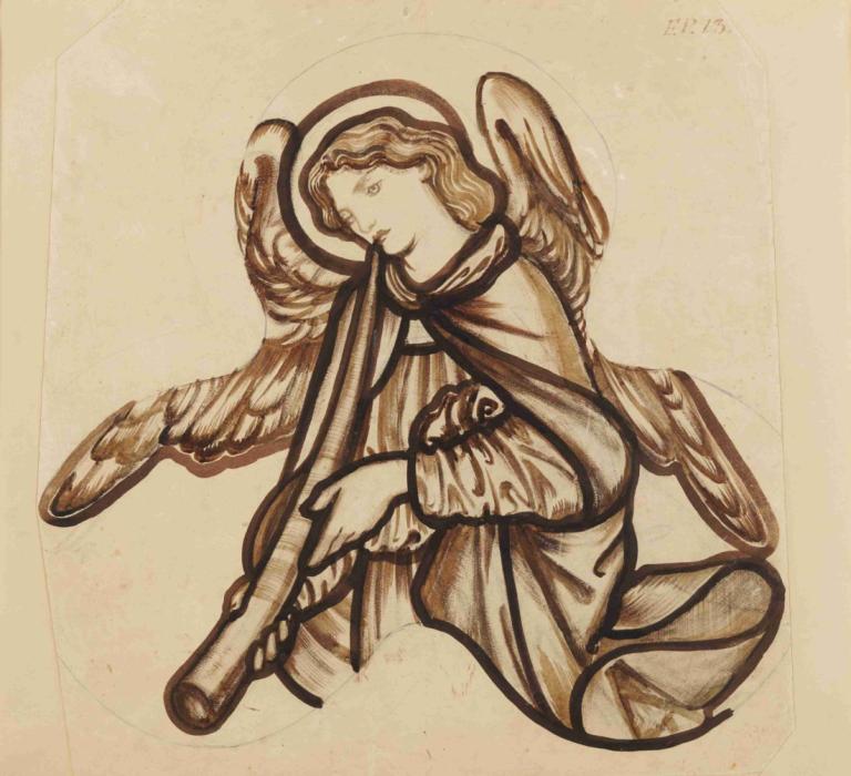 Angel Playing a Horn,Sir Edward Coley Burne-Jones,Illustration,Illustration, wings, solo, angel, halo, 1girl