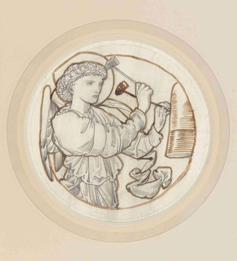 Angel Playing on Bells,Sir Edward Coley Burne-Jones,Illustration,Illustration, wings, solo, 1girl, angel