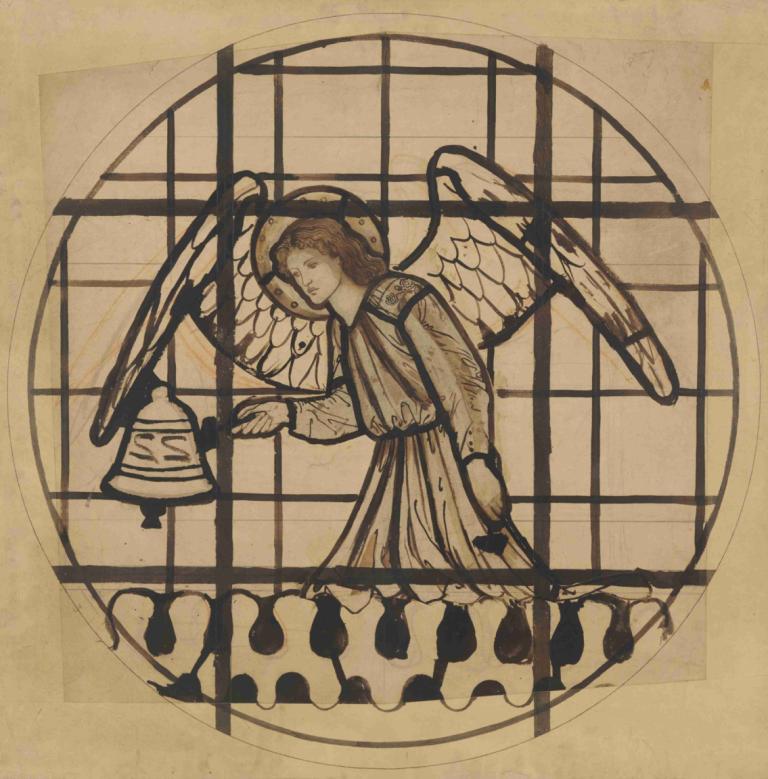 Angel Playing on Bells,Sir Edward Coley Burne-Jones,Illustration,Illustration, 1girl, angel, wings, solo