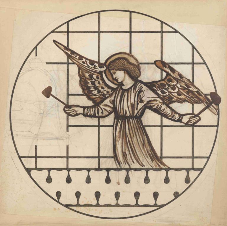 Angel Playing on Bells,Sir Edward Coley Burne-Jones,Illustration,Illustration, wings, 1girl, solo, window