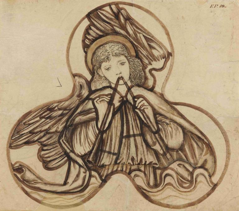 Angel Playing on Pipes,Sir Edward Coley Burne-Jones,Illustration,Illustration, 1girl, solo, wings, angel