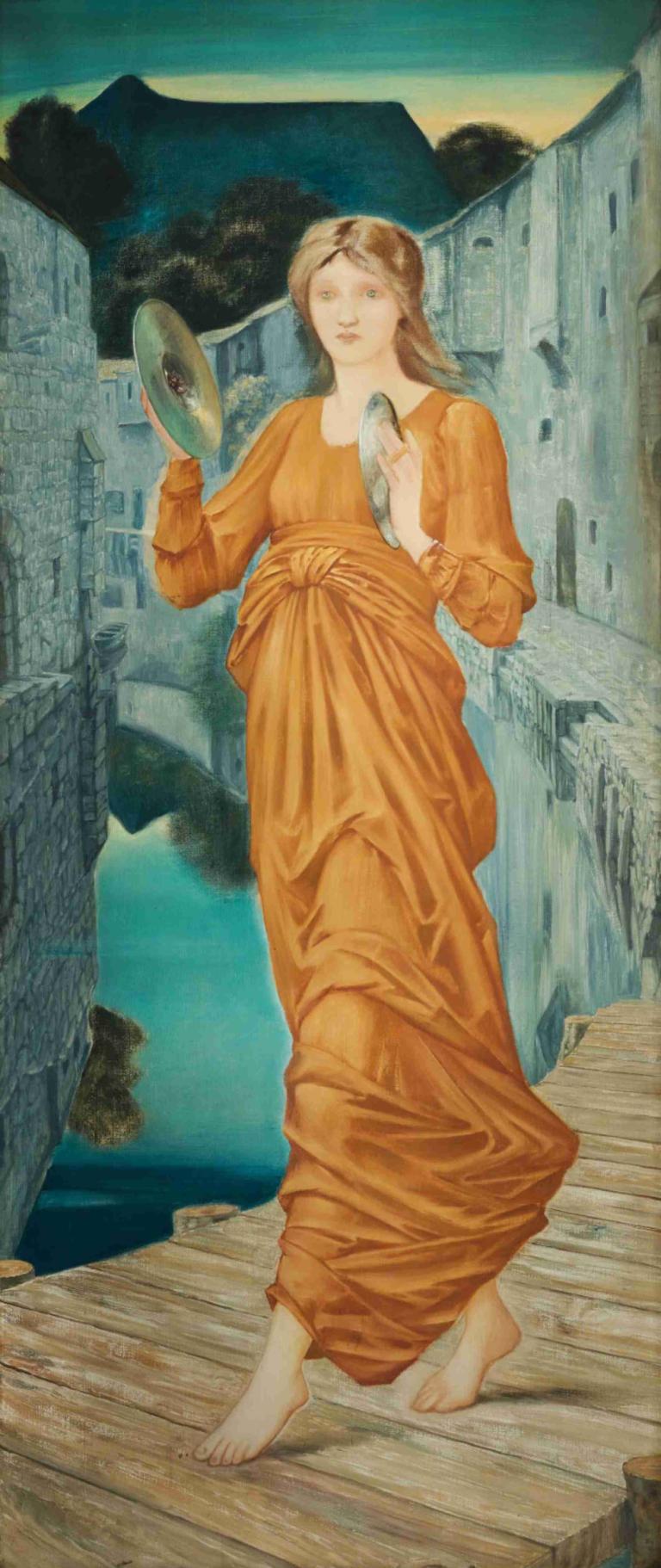 Aurora,Sir Edward Coley Burne-Jones,Illustration,Illustration, 1girl, barefoot, solo, brown hair, holding