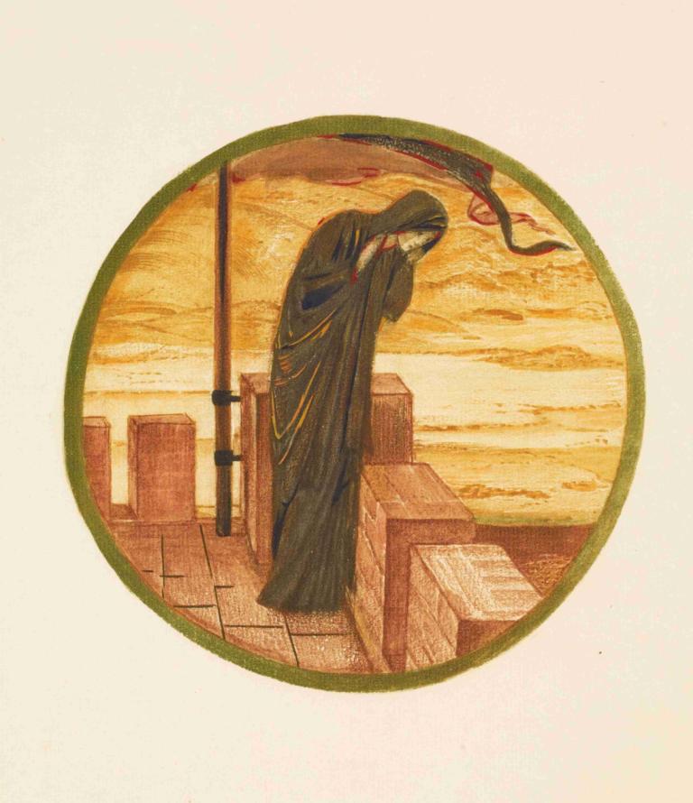 Comes he not,Sir Edward Coley Burne-Jones,Illustration,Illustration, solo, weapon, robe, hood, 1boy