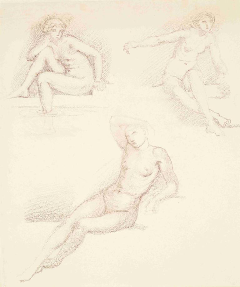 Female Nude - Three Studies of a seated Girl,Perempuan Telanjang - Tiga Studi tentang Gadis yang sedang duduk