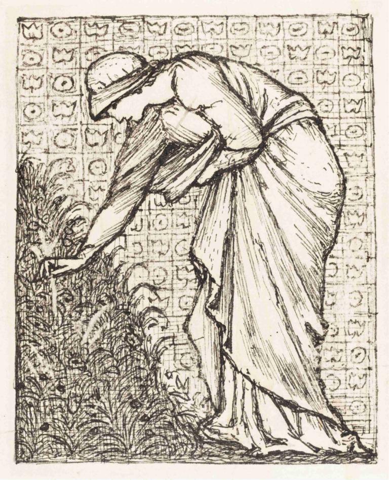 Lady Picking Flowers,Signora che raccoglie fiori,Sir Edward Coley Burne-Jones,Illustrazione,Illustrazione