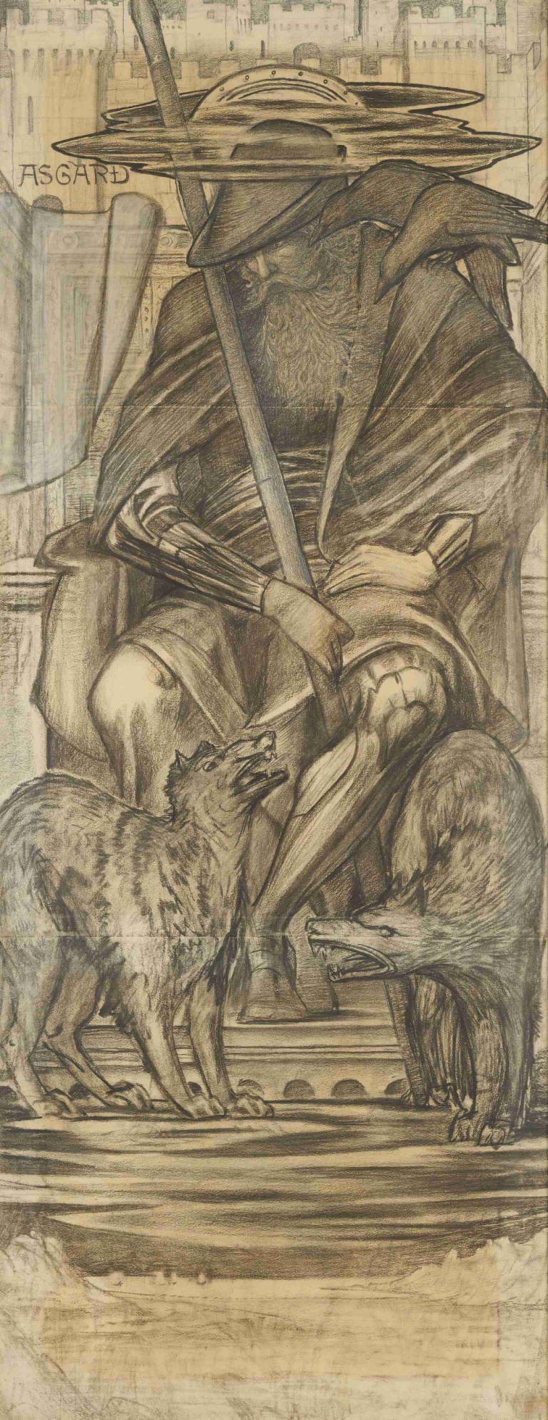 Odin,Odino,Sir Edward Coley Burne-Jones,Illustrazione,Illustrazione, cappello, cane, arma, casco, monocromo