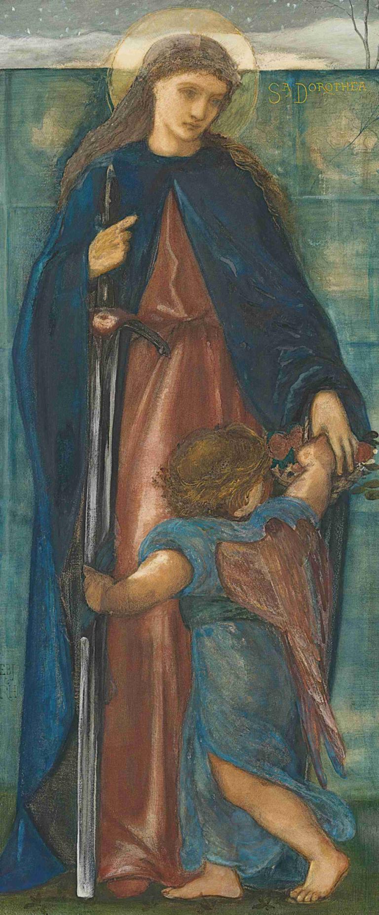 St Dorothy,Sir Edward Coley Burne-Jones,Kuva,Kuva, avojaloin, ase, pitkät hiukset, miekka, ruskeat hiukset