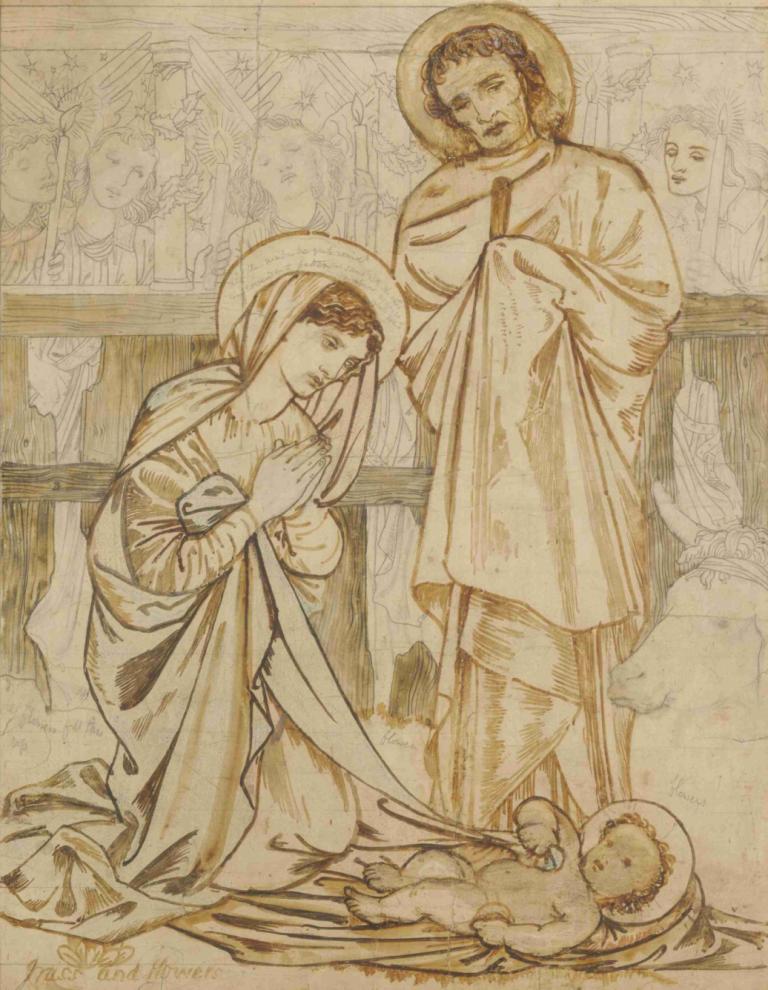 The Nativity,耶稣诞生,Sir Edward Coley Burne-Jones,爱德华-科利-伯恩-琼斯爵士,铜版画,铜版画, 婴儿, 美术模仿, 多个男孩, 单色, 传统媒体, 多个女孩, 跪着