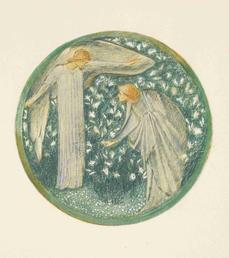 White Garden,Taman Putih,Sir Edward Coley Burne-Jones,Ilustrasi,Ilustrasi, sayap, bunga, gaun, gaun putih