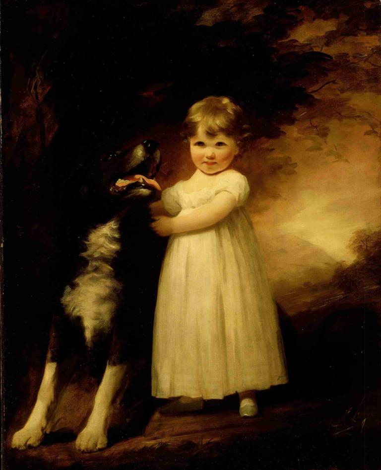 Eleanor Margaret Gibson-Carmichael,Sir Henry Raeburn,Oil Painting,Oil Painting, 1girl, dress, dog, animal