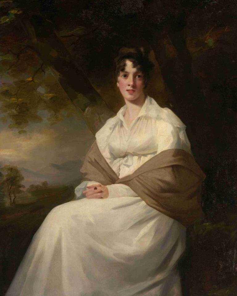 Lady Maitland,Sir Henry Raeburn,Oil Painting,Oil Painting, 1girl, solo, dress, black hair, sitting