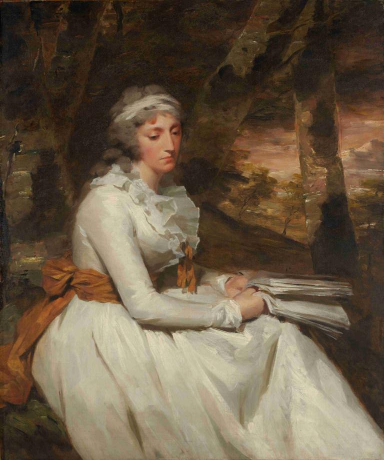 Mrs. Richard Alexander Oswald,Sir Henry Raeburn,Oil Painting,Oil Painting, 1girl, fine art parody, solo, book