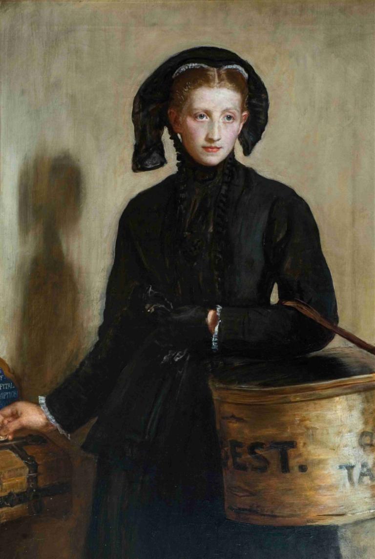 A Widow's Mite,未亡人のダニ,Sir John Everett Millais,ジョン・エヴァレット・ミレイ,油絵,油絵, 美術パロディ, 1女の子, ソロ, 三つ編み, ブロンドの髪, 帽子, ドレス