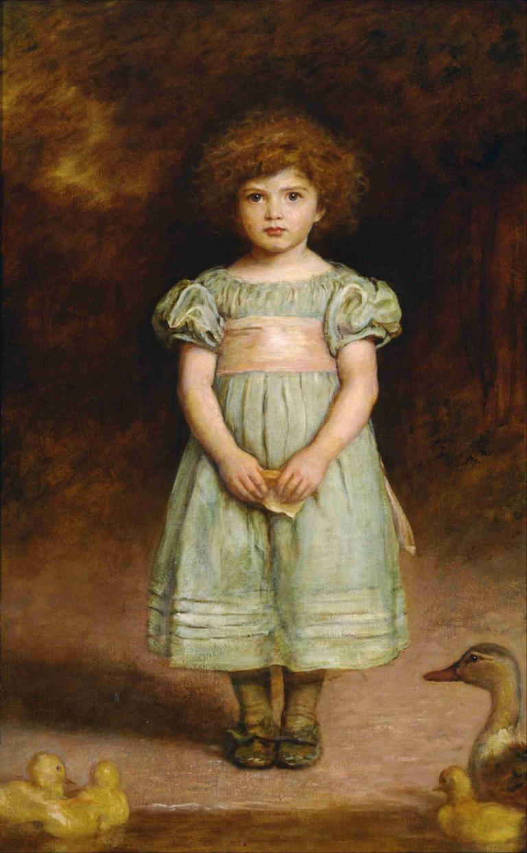 Ducklings,Sir John Everett Millais,Oil Painting,Oil Painting, 1girl, bird, fine art parody, dress, brown hair