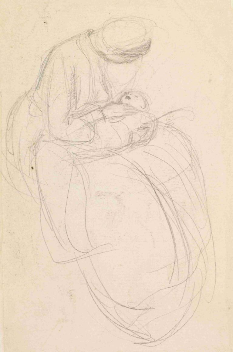 Female - Mother Scrutinising her Baby,Sir John Everett Millais,Sketch,Sketch, monochrome, sketch, long hair