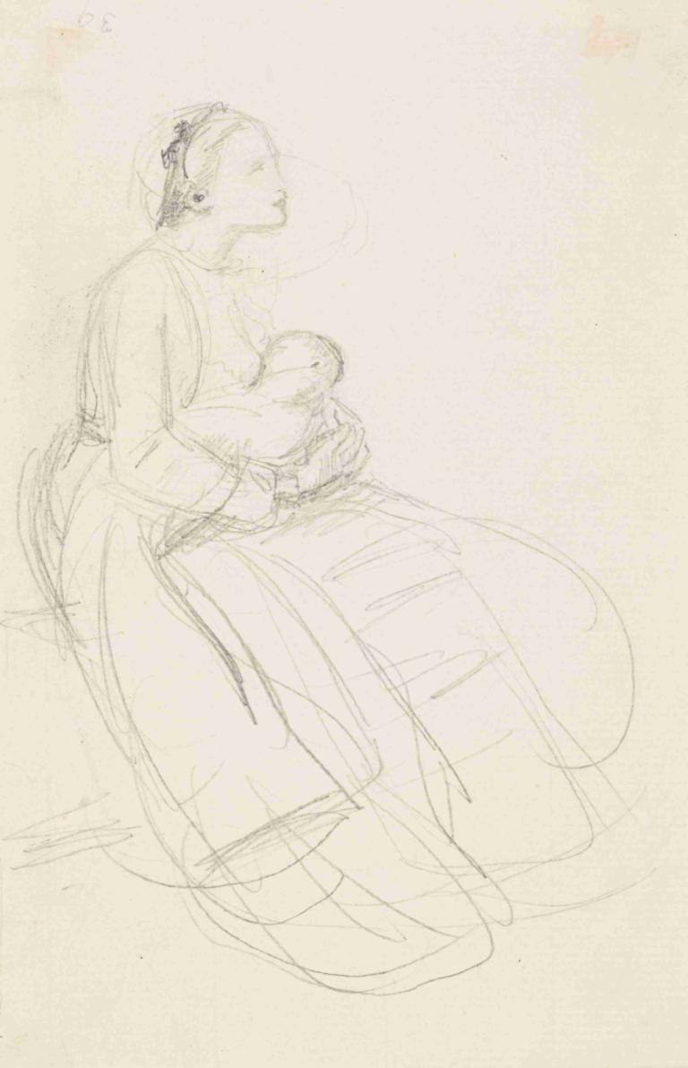 Female - Sketch of Mother breastfeeding her Baby,Sir John Everett Millais,Sketch,Sketch, sketch, 1girl, solo