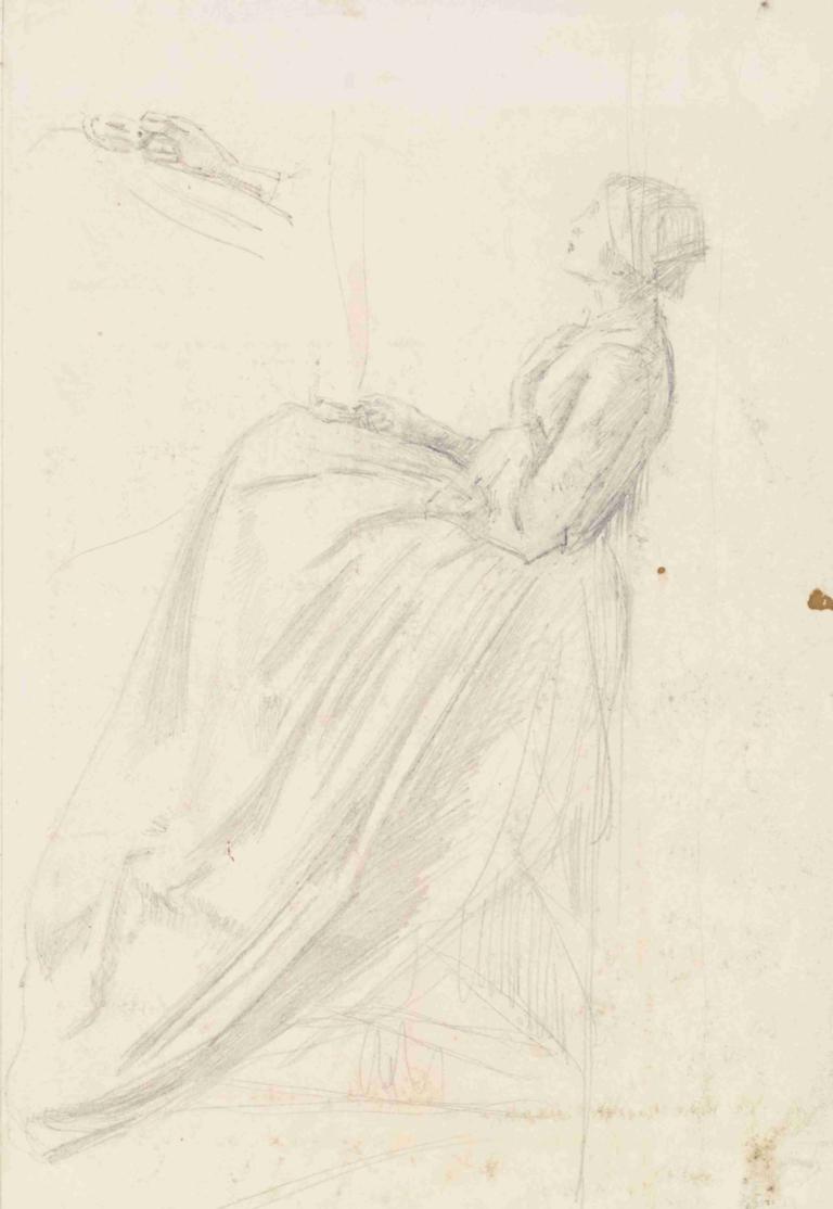 Female - Sketch of a Seated Woman Holding Lamp,Sir John Everett Millais,Sketch,Sketch, 1girl, monochrome