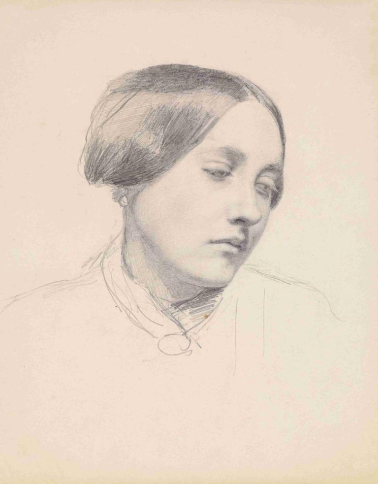 Female - Study of a Girl's Head,Sir John Everett Millais,Sketch,Sketch, solo, monochrome, traditional media