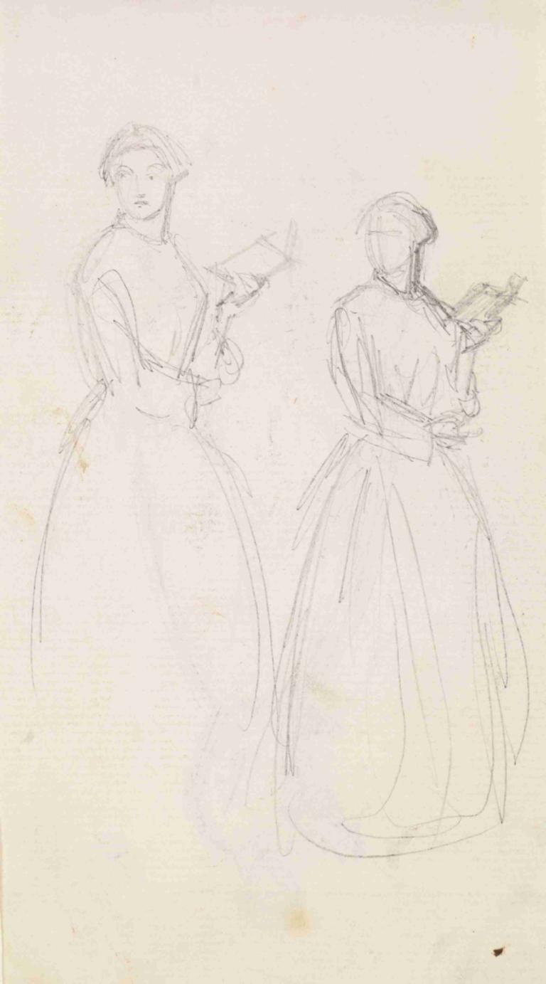 Female - Two Sketches of a Young Woman holding a Book,Weiblich - Zwei Skizzen einer jungen Frau