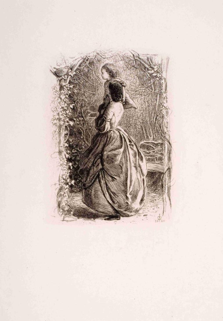 Happy Springtime,Sir John Everett Millais,Copperplate Etching,Copperplate Etching, 1girl, solo, monochrome