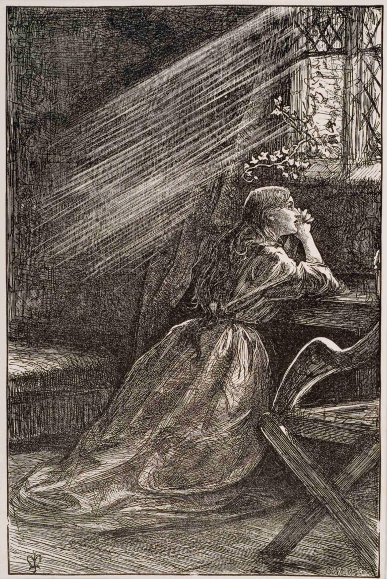 Irené,Sir John Everett Millais,Copperplate Etching,Copperplate Etching, monochrome, solo, 1girl, dress