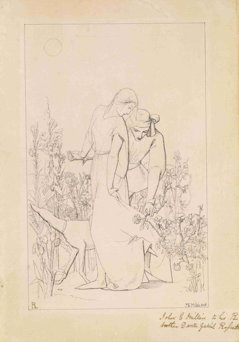 Lovers by a Rosebush,Sir John Everett Millais,Sketch,Sketch, flower, dated, monochrome, 2girls, 1girl