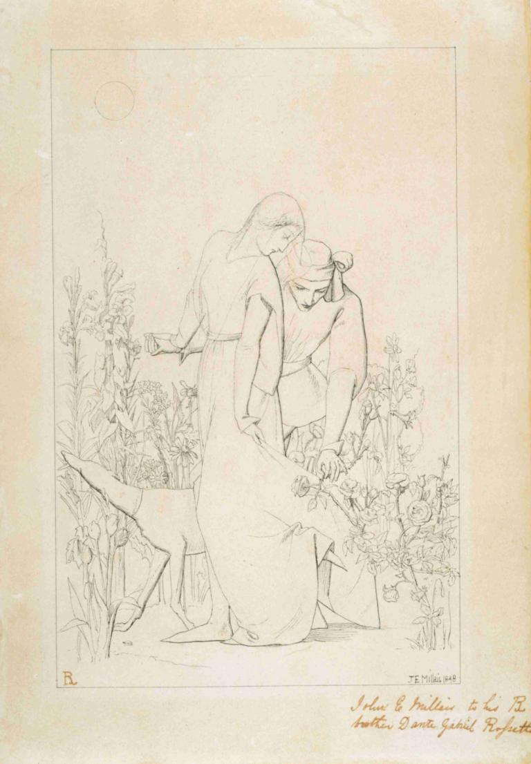 Lovers by a Rosebush,Sir John Everett Millais,Sketch,Sketch, flower, 1girl, monochrome, dated, sketch, 1boy