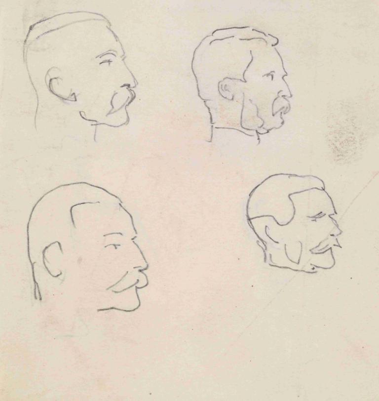 Male - Four Profile Head Sketches of moustached Man,Homme - Quatre croquis de profil d'un homme moustachu