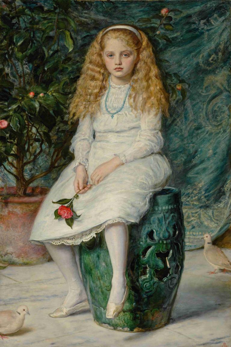 Nina, Daughter Of Frederick Lehmann, Esq.,Sir John Everett Millais,Oil Painting,Oil Painting, 1girl, flower