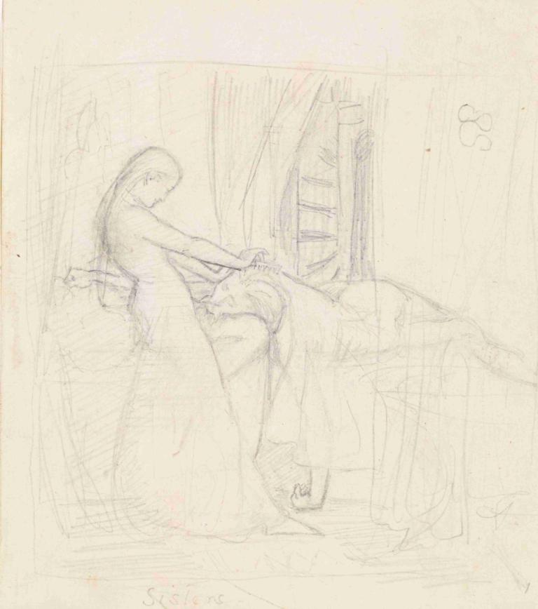 Tennyson's The Sisters - Figure Sketch,Sir John Everett Millais,Sketch,Sketch, monochrome, sketch, bed, 1girl