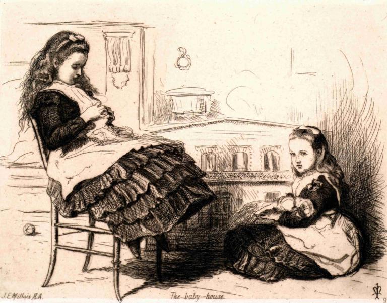 The Baby-House,Barnhuset,Sir John Everett Millais,Kopparplåt Etsning,Kopparplåt Etsning, flera tjejer