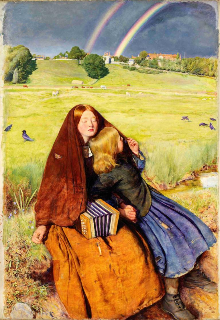 The Blind Girl,盲女,Sir John Everett Millais,约翰-埃弗雷特-米莱斯爵士,油画,油画, 彩虹, 金头发, 草, 户外, 裙子, 鸟, 闭着眼睛, 1个女孩, 传统媒体, 天