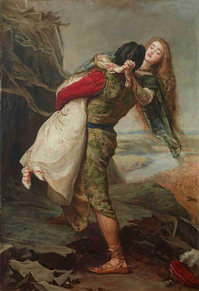 The Crown of Love,爱之冠,Sir John Everett Millais,约翰-埃弗雷特-米莱斯爵士,油画,油画, 1男孩, 长发, 美术模仿, 黑发, 1个女孩, 凉鞋, 金头发, 裙子, 血