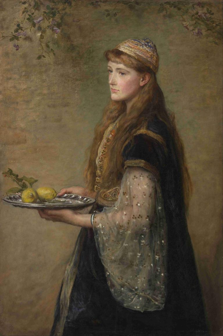 The captive,俘虏,Sir John Everett Millais,约翰-埃弗雷特-米莱斯爵士,油画,油画, 1个女孩, 食物, 美术模仿, 独奏, 水果, 长发, 保持, 棕色的头发, 珠宝, 实际的