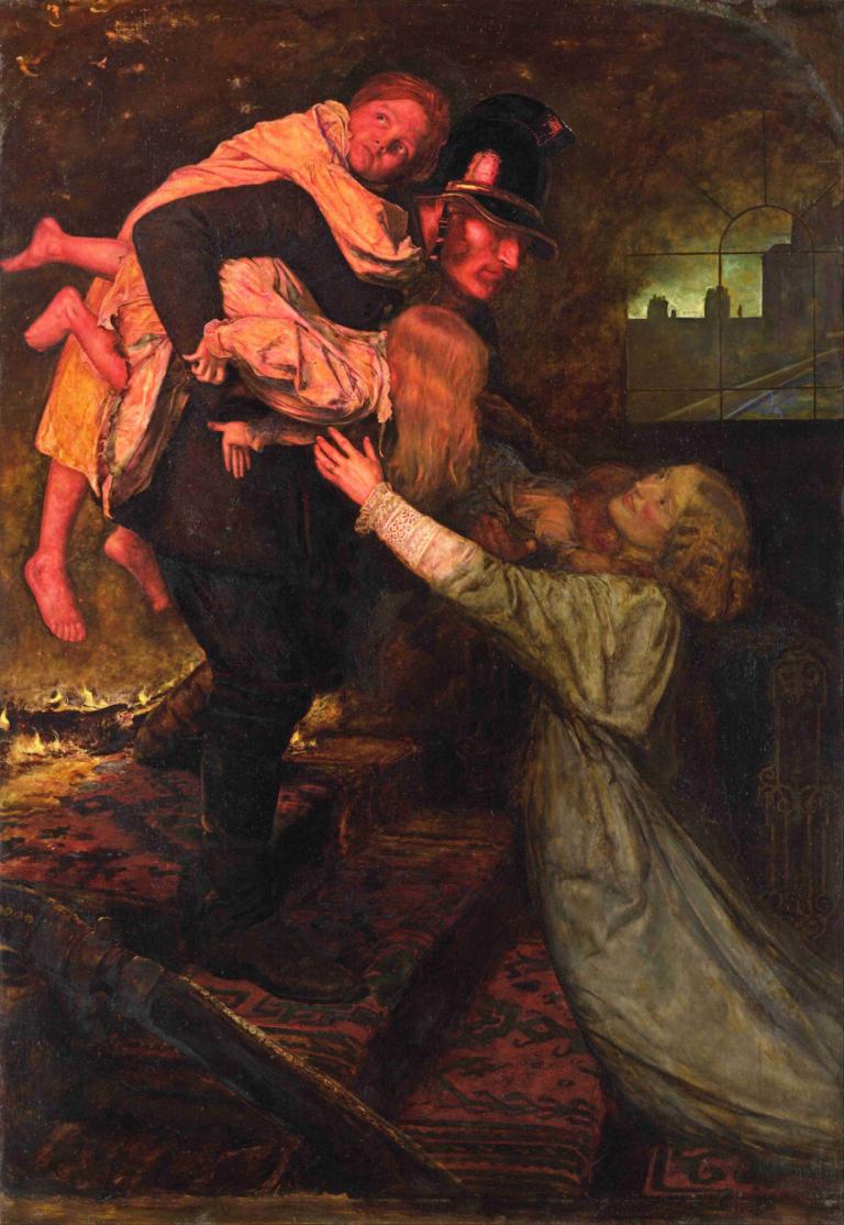 The rescue,Die Rettung,Sir John Everett Millais,Ölgemälde,Ölgemälde, mehrere Mädchen, Hut, mehrere Jungen