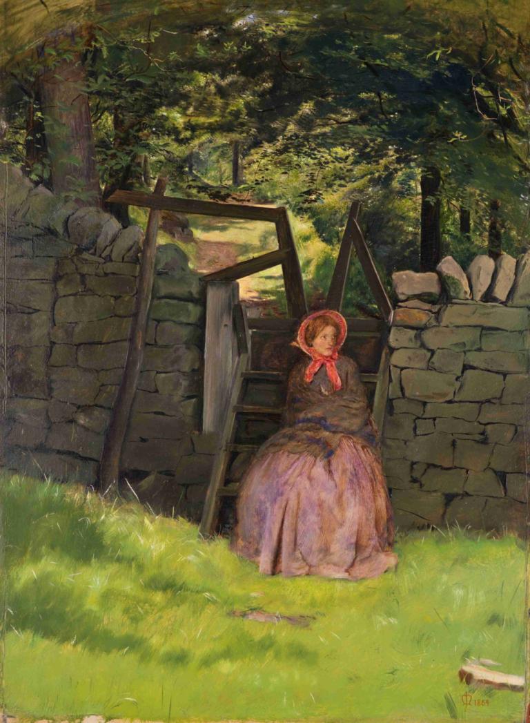 Waiting,Warten,Sir John Everett Millais,Ölgemälde,Ölgemälde, 1Mädchen, Gras, Solo, draußen, Baum, Kleid