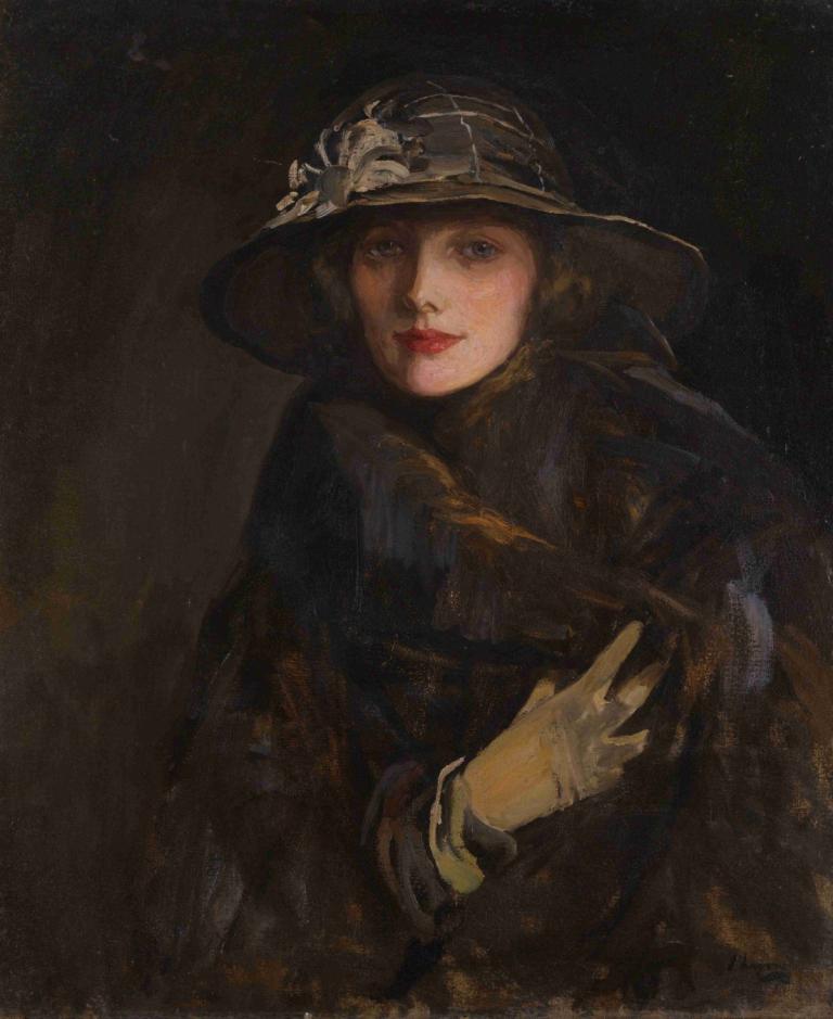 A Lady In Brown,Sir John Lavery,Oil Painting,Oil Painting, 1girl, solo, hat, gloves, blue eyes, realistic