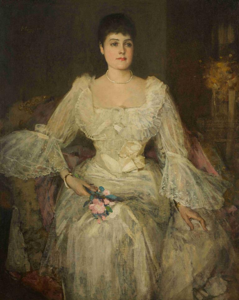 A lady in white (A portrait of Lady Lyle),Sir John Lavery,Oil Painting,Oil Painting, 1girl, dress, jewelry