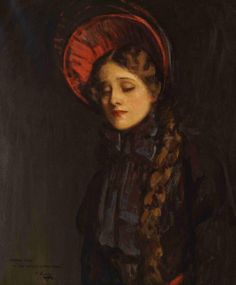 Edna May In The Belle Of New York,Sir John Lavery,Oil Painting,Oil Painting, 1girl, solo, bonnet, braid